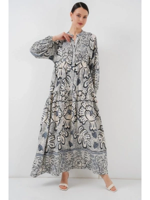 23 Otantik Desenli Tesettür Elbise  K. Antrasit