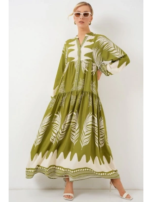 2423 Otantik Desenli Tesettür Elbise  Mint Yeşili