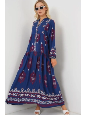 23 Otantik Desenli Tesettür Elbise  Petrol 1