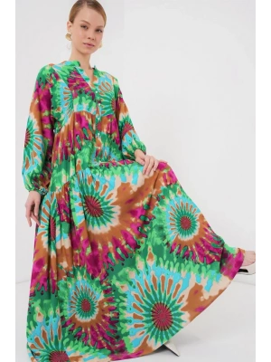 23 Otantik Desenli Tesettür Elbise  Yeşil 9