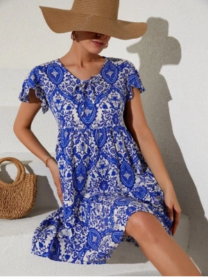 2352 V Yaka Kısa Elbise  Mavi