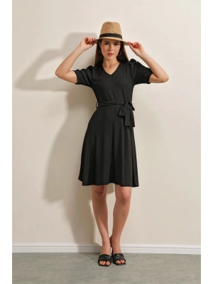2370 Kuşaklı Örme Elbise  Siyah