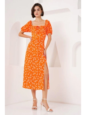 2387 Yırtmaç Detaylı Elbise  Turuncu