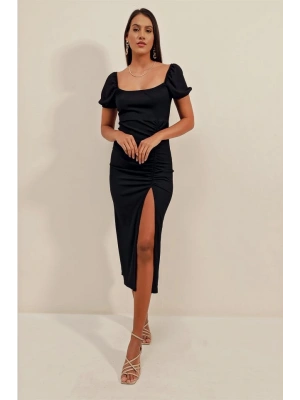 2396 Yırtmaçlı Yazlık Örme Elbise  Siyah