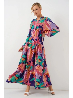 2423 Otantik Desenli Tesettür Elbise  A.Pudra