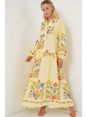 2423 Otantik Desenli Tesettür Elbise  A.Sarı