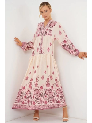 2423 Otantik Desenli Tesettür Elbise  Bordo 1