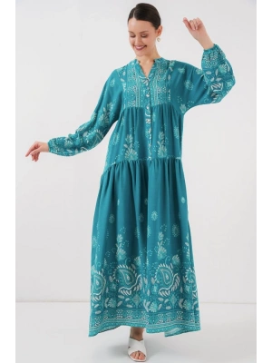 2423 Otantik Desenli Tesettür Elbise  B.Turkuaz