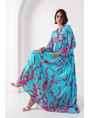 2423 Otantik Desenli Tesettür Elbise  Buz Mavi