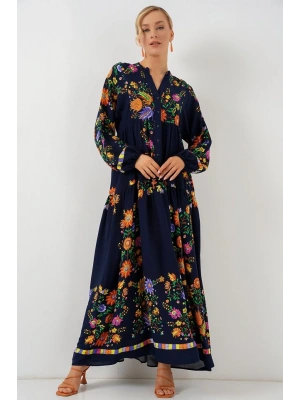 2423 Otantik Desenli Tesettür Elbise  Düz Lacivert