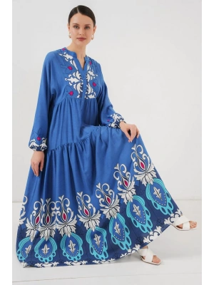 2423 Otantik Desenli Tesettür Elbise  F. İndigo