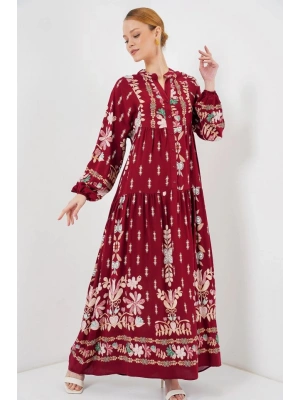 2423 Otantik Desenli Tesettür Elbise  H. Bordo