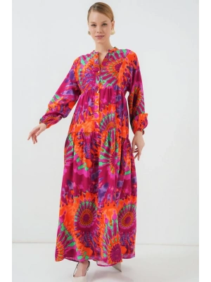 2423 Otantik Desenli Tesettür Elbise  H. Fuşya