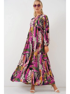 2423 Otantik Desenli Tesettür Elbise  H. Haki