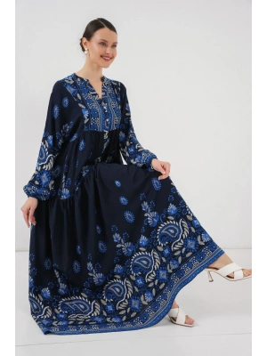 2423 Otantik Desenli Tesettür Elbise  Lacivert 1