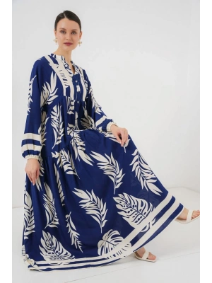 2423 Otantik Desenli Tesettür Elbise  Lacivert 3