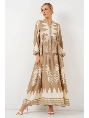 2423 Otantik Desenli Tesettür Elbise  M. Camel