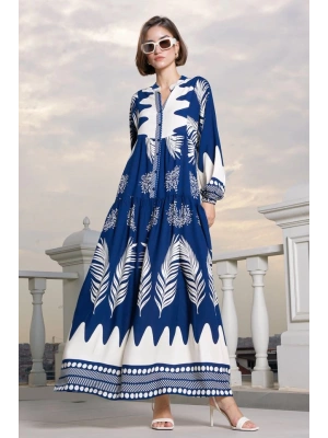2423 Otantik Desenli Tesettür Elbise  M. Lacivert