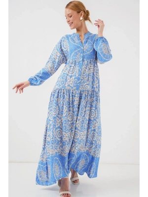 2423 Otantik Desenli Tesettür Elbise  S. Mavi