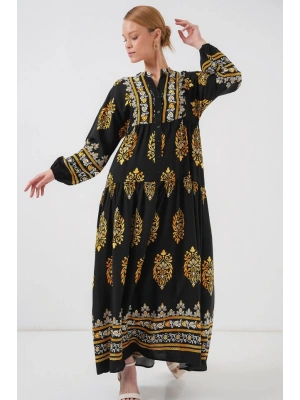 2423 Otantik Desenli Tesettür Elbise  Siyah 6