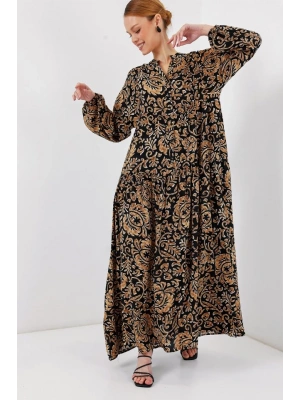 2423 Otantik Desenli Tesettür Elbise  Siyah10