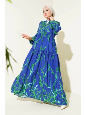 2423 Otantik Desenli Tesettür Elbise  T. Lacivert