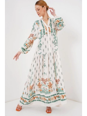 2423 Otantik Desenli Tesettür Elbise  Yeşil 10