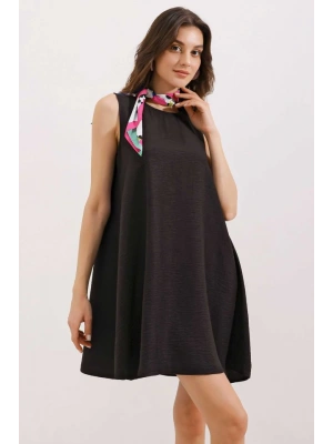 2444 Detaylı Mini Keten Elbise  Siyah