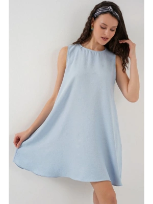 2444 Mini Keten Elbise  Açık Mavi
