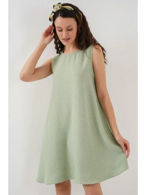 2444 Mini Keten Elbise  E.Yeşil