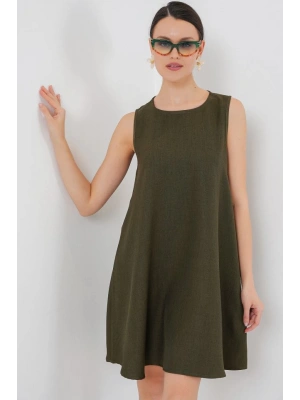 2444 Mini Keten Elbise  Haki