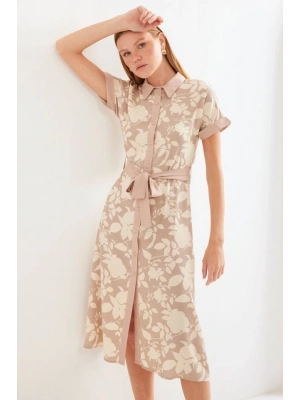 2455 Desenli Gömlek Elbise  Bej