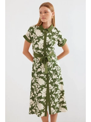 2455 Desenli Gömlek Elbise  Haki