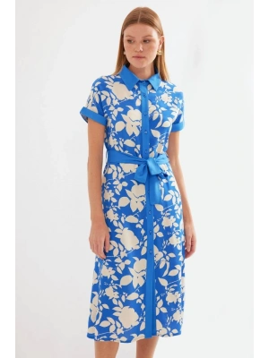 2455 Desenli Gömlek Elbise  Mavi