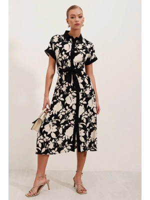 2455 Desenli Gömlek Elbise  Siyah