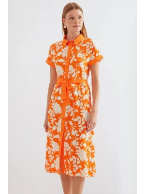 2455 Desenli Gömlek Elbise  Turuncu