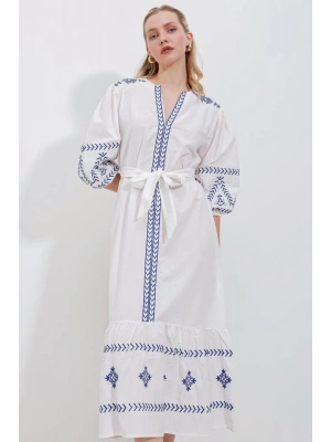 2479 Desenli Keten Elbise  Beyaz