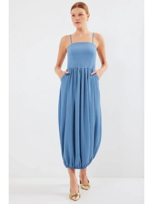 2492 Askılı Örme Salopet Elbise  İndigo