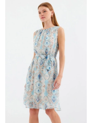 2501 Desenli Sıfır Kol Şifon Elbise  Mavi
