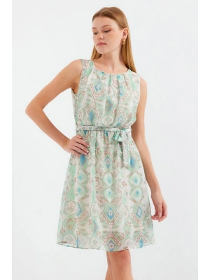 2501 Desenli Sıfır Kol Şifon Elbise  Mint