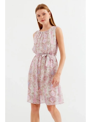 2501 Desenli Sıfır Kol Şifon Elbise  Pembe