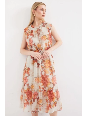 2503 Desenli Sıfır Kol Şifon Elbise  Kiremit