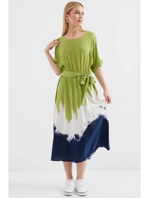 2504 Desenli Kısa Kol Viskon Elbise  Çağla