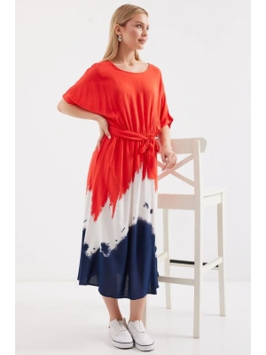 2504 Desenli Kısa Kol Viskon Elbise  Kırmızı