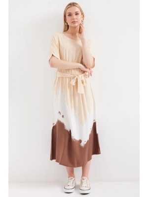 2504 Desenli Kısa Kol Viskon Elbise  Krem