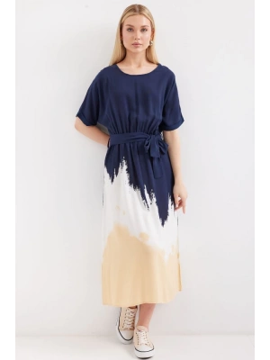 2504 Desenli Kısa Kol Viskon Elbise  Lacivert