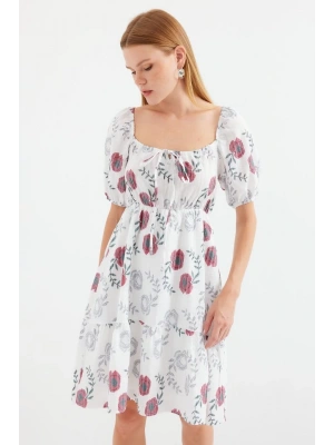 2508 Desenli Mini Kloş Elbise  Ekru