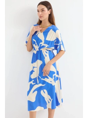 2511 Beli Lastikli Desenli Elbise  Mavi