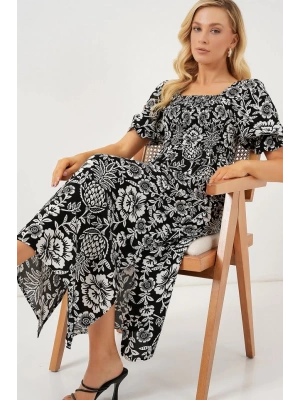 2512 Desenli Yırtmaçlı Elbise  D. Siyah