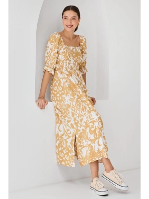 2512 Desenli Yırtmaçlı Elbise  Sarı